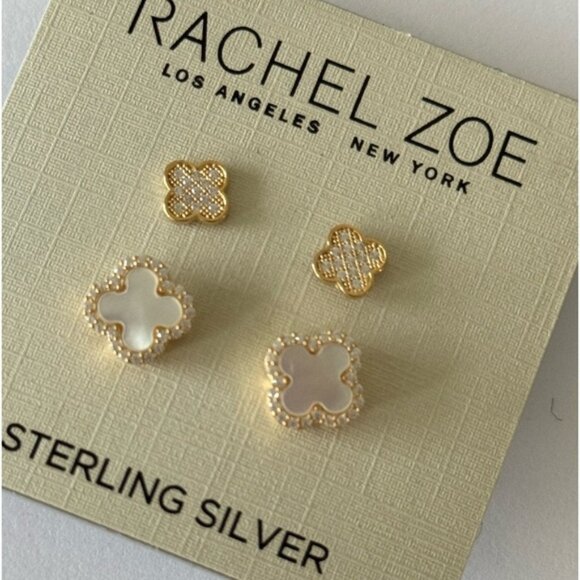 Rachel Zoe Set of 2 Mini earrings Clover Sterling silver 925 Gold Plated - Picture 1 of 13